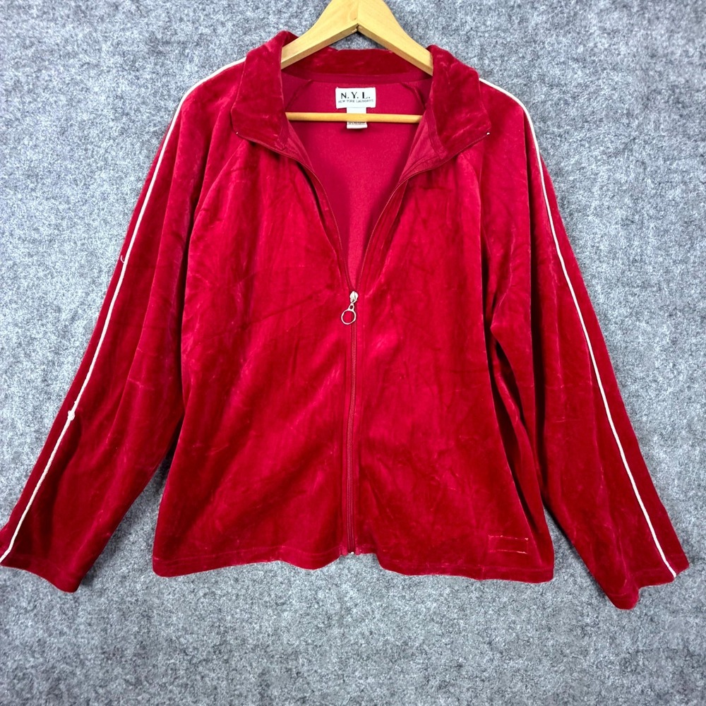 New York Laundry Track Jacket Womens L Red Velour Y2K Vintage White Piping Zip